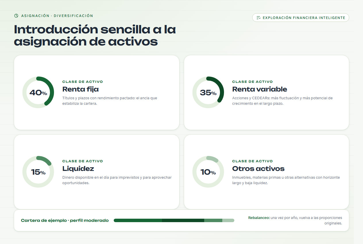 Cuatro tarjetas de clases de activos con su proporción y una banda de cartera de ejemplo