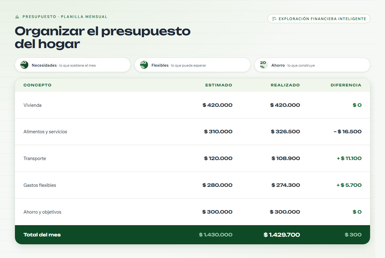 Planilla de presupuesto con montos estimados, reales y diferencias